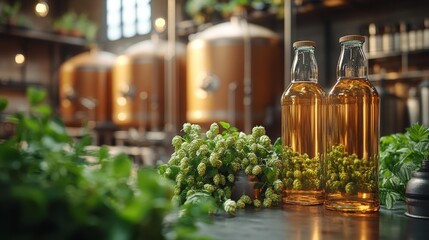 Craft Brewery with Hops and Bottles. Generative AI