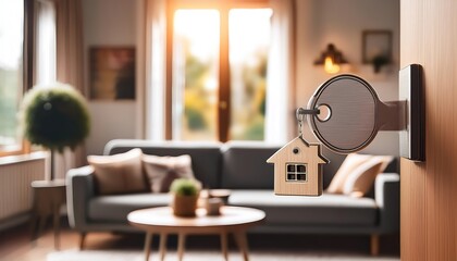 Close-up of a key with a house-shaped keychain in a modern living room