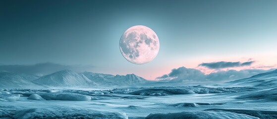 Moonlit night over icy landscape with frozen waters and mountain silhouettes in a serene winter setting