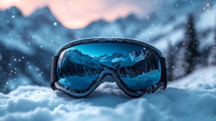 Snowboard Goggles Reflecting Snowy Mountain Peaks. Generative AI