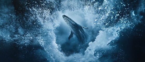 Fototapeta premium A whale surfaces through a hole in the ice during a dramatic winter morning in the Arctic region