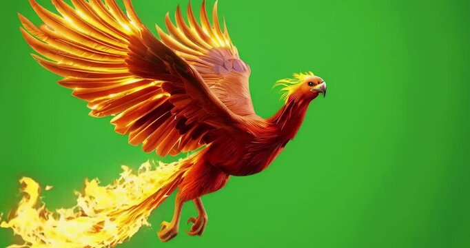 A flying fire phoenix, its wings engulfed in vibrant flames of red, orange, and yellow, soaring gracefully against a green screen background.