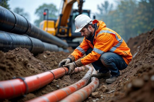 Pipeline installation worker. Construction worker in orange safety gear inspecting underground pipeline at excavation site with heavy machinery.