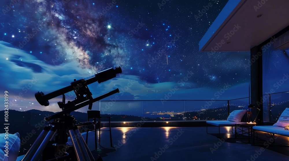 Poster a serene telescope setup on a rooftop terrace, telescope and star maps neatly arranged, astronomical