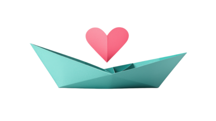 A vibrant paper boat carrying a heart symbolizing love and creativity in leisure activities.