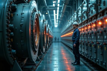 Fototapeta premium Industrial Power Plant Inspection. A worker in protective gear examines large machinery in a futuristic power plant, with warm lights illuminating the control panels.