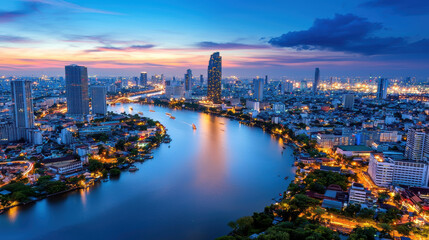 Fototapeta premium Aerial view of vibrant cityscape at dusk, showcasing river winding through urban buildings, illuminated by city lights. scene captures beauty of city life