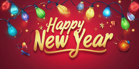Beautiful illustration of the text "Happy New Year" on a red background. New Year, winter concept. Holiday banner.