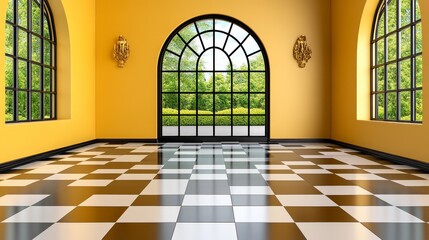 Fototapeta premium Yellow Room Interior with Checkered Floor and Arch Window