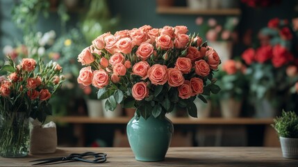 Floral Arrangement of Peach Roses. Generative AI