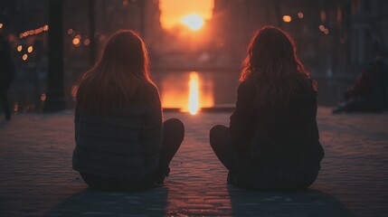 Two Young Women Sitting Together at Sunset by a Serene Waterway, Capturing the Essence of Friendship and Reflection in a Tranquil Urban Setting