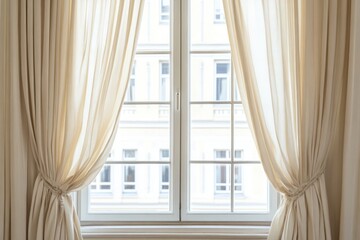A serene window with elegant curtains, showcasing a light-filled interior space.