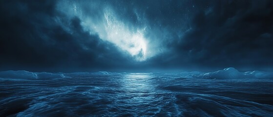 Fototapeta premium A lone figure gazes at the distant horizon under dark clouds at a frozen landscape during twilight in a remote location