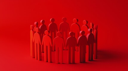 Leadership concept. A circle of red figurines against a striking red background, symbolizing unity, community, or collective action.