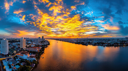 Naklejka premium stunning sunset over river, showcasing vibrant orange and blue hues reflecting on water. city skyline adds to beauty of this serene landscape