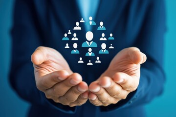 Hands Holding Digital Icons of People Symbolizing Community Connections, Networking Success, and Team Collaboration in a Modern Business Environment
