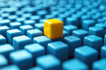Obraz premium Unique Yellow Cube Stands Out Amongst Uniform Blue Cubes in a Creative Abstract Composition for Conceptual Design and Visualization Purposes