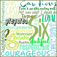 Enneagram 6 graphic fun illustration using words to describe type.