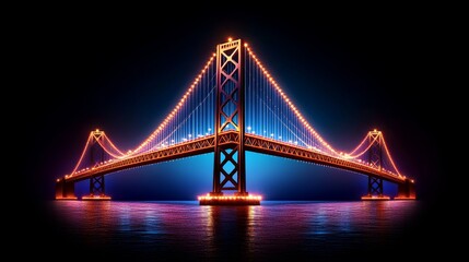 Obraz premium Illuminated Suspension Bridge Night Landscape Cityscape Architecture Lights Water Reflection