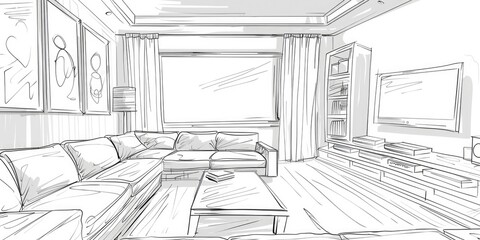 Fototapeta premium An interior design sketch with artistic lines of a bohemian living space