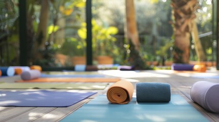 A serene yoga retreat with yoga mats and meditation cushions, Yoga equipment set up in a peaceful natural setting, Zen wellness style