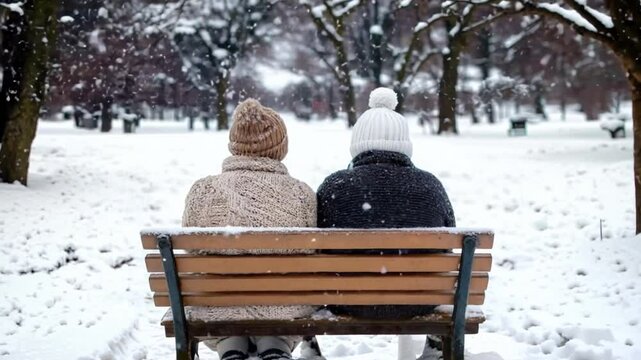 Two people in winter hats sitting on a bench in a snowy park, enjoying the serene atmosphere.