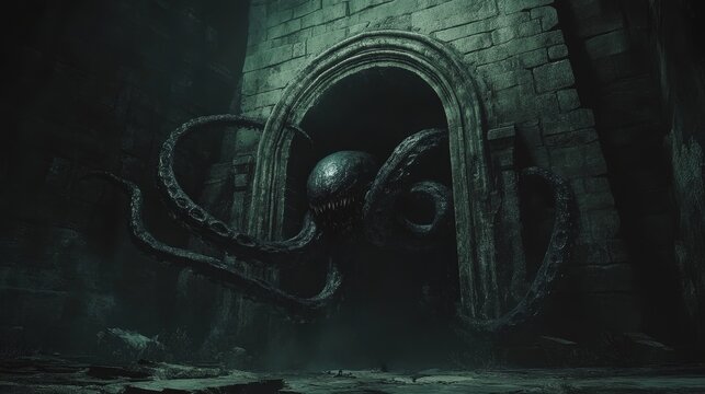 Tentacled monster emerges from a dark dungeon archway. Creating a chilling and suspenseful atmosphere. The gothic ruins and underworld setting evoke fear and mystery. Like a nightmare come to life