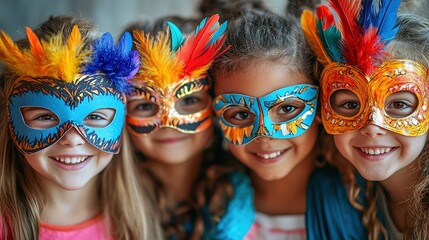 group of kids happily decorating paper masks with feathers and markers, each child expressing