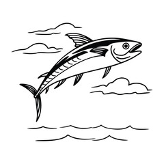 tuna fish vector design, labeled line and fill art silhouette illustration.