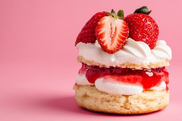 Donut with whipped cream and strawberry berry and red jam on top isolated on a pink background. Copy space for text. Delicious glazed strawberry donut. Doughnut sugar, fresh strawberries slices