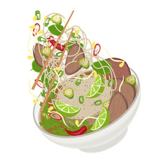 Vector Illustration Logo Clipart Levitation Vietnamese rice noodles With Beef Pho Noodles or Pho bo