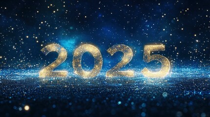 "2025" appears in sleek silver typography against a sky lit by a massive firework display, surrounded by a halo of sparkling lights.