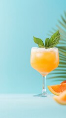 A tropical fruit cocktail on a vibrant beach close up, focus on, copy space Double exposure silhouette with cocktail and palmfringed beach