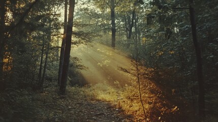 Obraz premium Sunbeams Illuminating a Mystical Forest Path