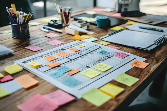 A lively workspace with colorful sticky notes and a project planner on a wooden table