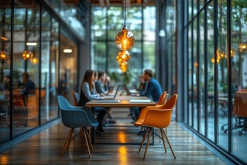 Office workers are having a productive meeting using laptops in a contemporary open plan office space with stylish lighting and large windows