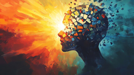A shattered mind piecing itself back together, glowing with inner light, symbolizing mental recovery.2