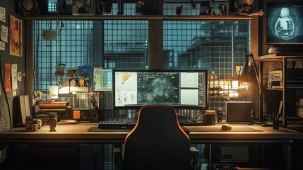 Scientist is working late at night in their modern, high-tech office, analyzing complex data displayed on a large computer screen, surrounded by research materials and equipment