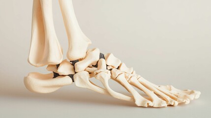 anatomy skeletal concept, A detailed view of a human foot skeleton, highlighting the bones of the foot, including the tarsals, metatarsals, and phalanges.