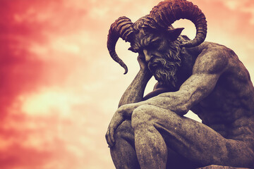 demon statue against a red sky background with ample copy space, close-up view. Vintage-style