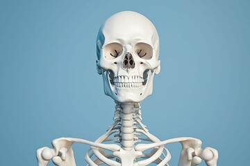 anatomy skeletal concept, A realistic human skeleton model against a blue background, showcasing anatomical details.