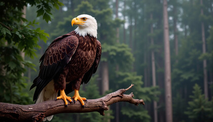 Bald eagle perched on tree branch in misty forest, symbolizing strength and American wildlife, Independence Day celebration