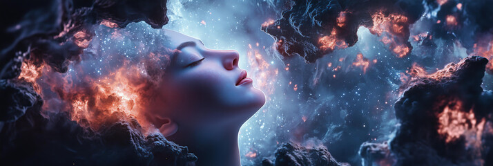 beautiful woman with her eyes closed, in the middle of a vast cosmic expanse, surrounded by huge stone sculptures, a dreamy atmosphere, floating clouds, twinkling stars, and vibrant colors