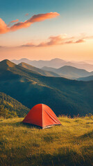 Sunset over grassy mountain ridge with a red tent, providing stunning views of rolling hills and a peaceful nature retreat