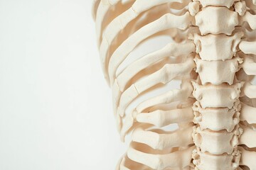 anatomy skeletal concept, A close-up of a human ribcage model, showcasing the detailed structure of ribs and the vertebral column against a plain background.