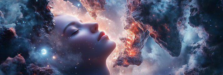 beautiful woman with her eyes closed, in the middle of a vast cosmic expanse, surrounded by huge stone sculptures, a dreamy atmosphere, floating clouds, twinkling stars, and vibrant colors