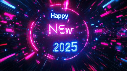 Obraz premium Happy New Year 2025 shown on a digital countdown clock, in bright neon colors for a modern, futuristic look.