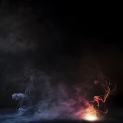 A dark background with wispy smoke in shades of blue, red, and orange.