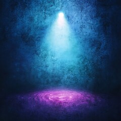 A spotlight shines on a dark, textured, blue and purple background.