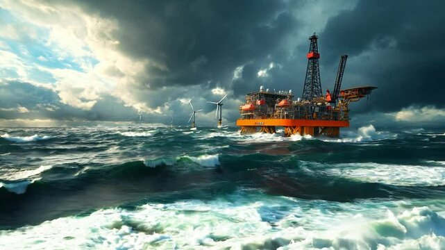 An offshore oil rig amidst turbulent waves and wind turbines under a dramatic sky.